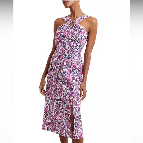 French Connection Dresses & Skirts - French Connection Fontini Cotton Ring-Halter Purple Floral Midi Dress